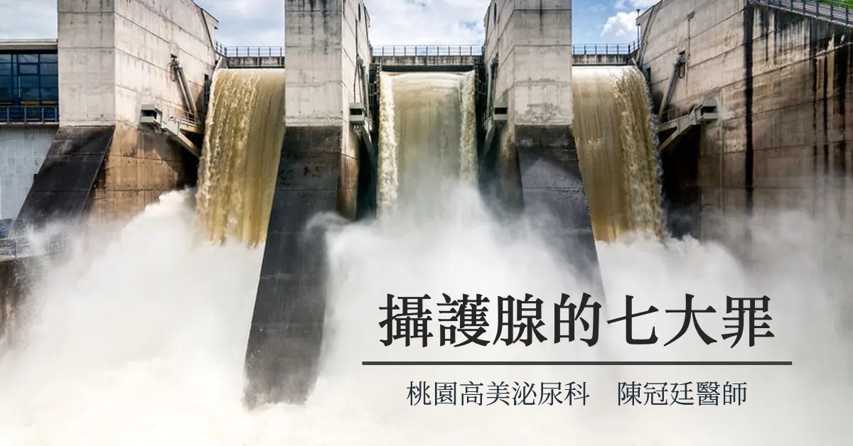 文章主視覺。水庫閘門洩洪的照片，水流沖下激起大片水霧，配上標題「攝護腺的七大罪」與署名「桃園高美泌尿科　陳冠廷醫師」。