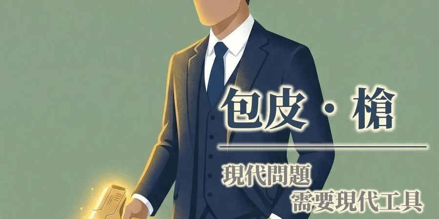 文章主視覺。插畫風格的西裝男子手持金色的吻合器，標題為「包皮．槍」，副標為「現代問題需要現代工具」。