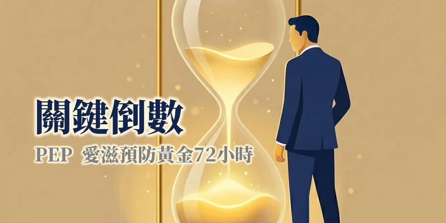 文章主視覺。插畫：一名西裝男子背對觀者站在巨大的沙漏旁，沙子正從上層流向下層，畫面左側寫著「關鍵倒數：PEP 愛滋預防黃金 72 小時」。