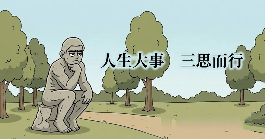 卡通風格插圖：沉思者雕像坐在公園裡，旁邊寫著「人生大事，三思而行」